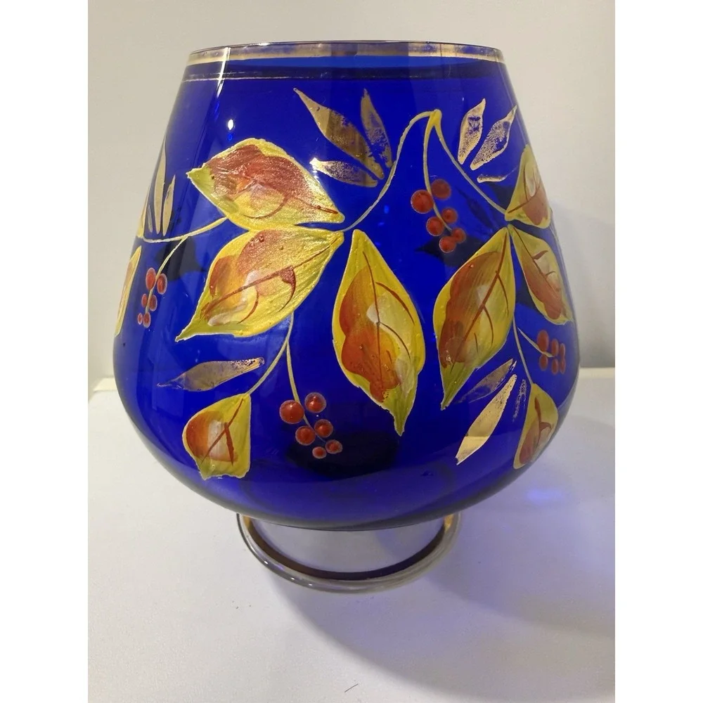 Bohemian Czech Cobalt Blue Cut To Clear Hand Painted Floral Dish Gold Trim